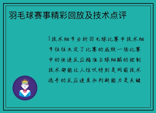 羽毛球赛事精彩回放及技术点评